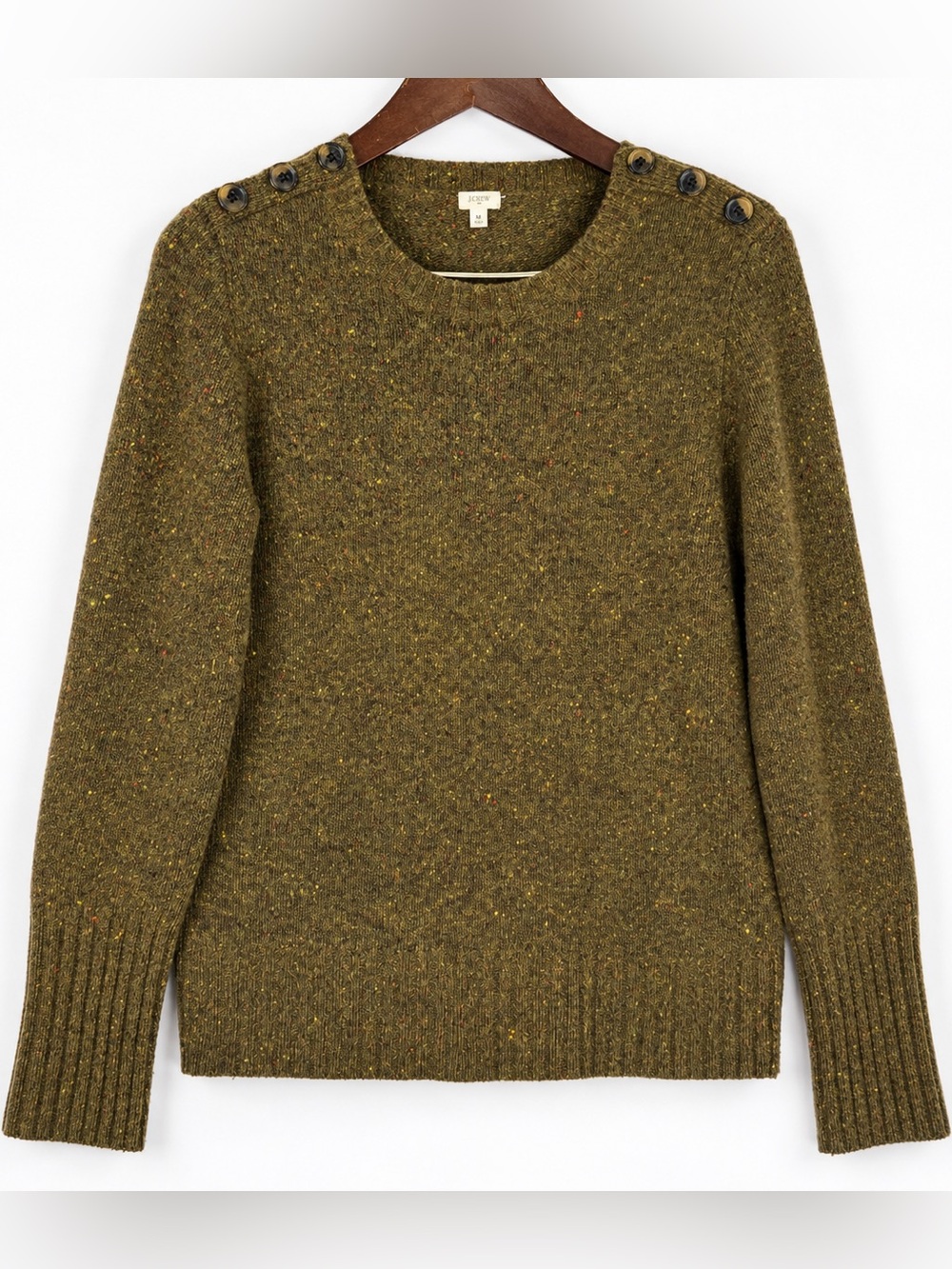 J.Crew Lambswool Button Shoulder Olive Flecked Sweater M
